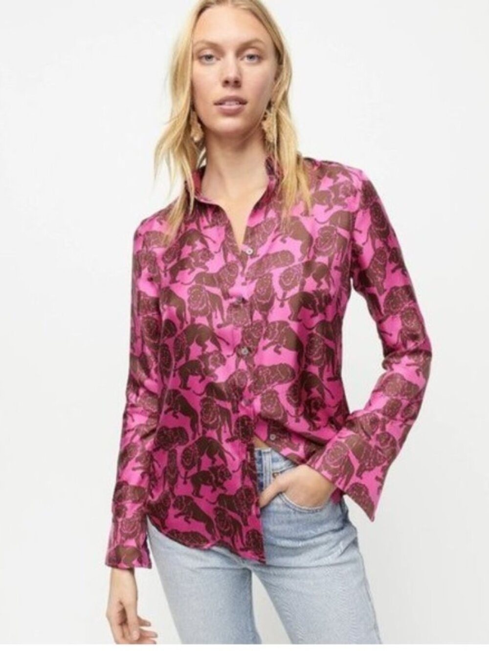 J. Crew Collection Silk Shirt Sleepy Lions - Picture 2 of 6